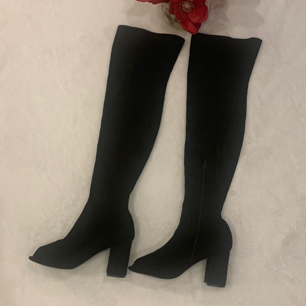 🌹 SHOE REPUBLIC LA • BLACK FAUX SUEDE OPEN TOE OVER THE KNEE FASHION BOOTS